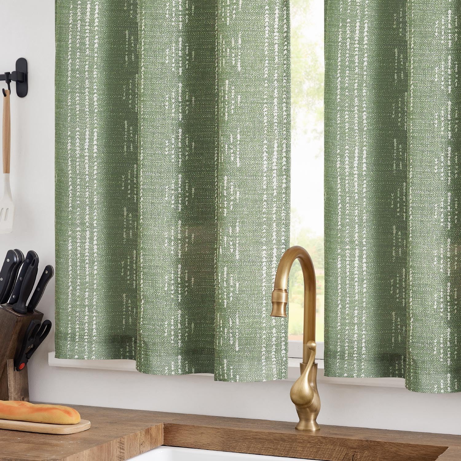 Jinchan Boho Kitchen Curtains Linen Tier Curtains 45 Inch Bohemian Cafe Curtains Geometric Striped Small Window Curtains Light Filtering Farmhouse Country For Bathroom Rv 2 Panels Sage Green